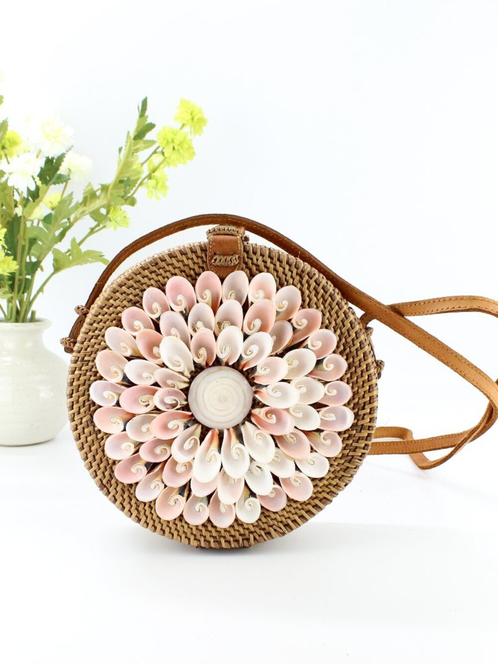 New Handmade Bali Brown Rattan Shell Sunburst Crossbody Bag |Boho Coastal